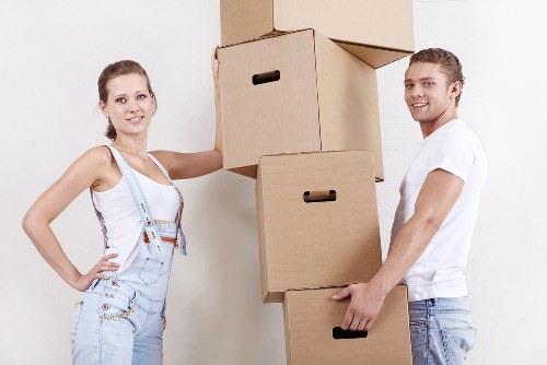 Packed office equipment and furniture prepared for transport
